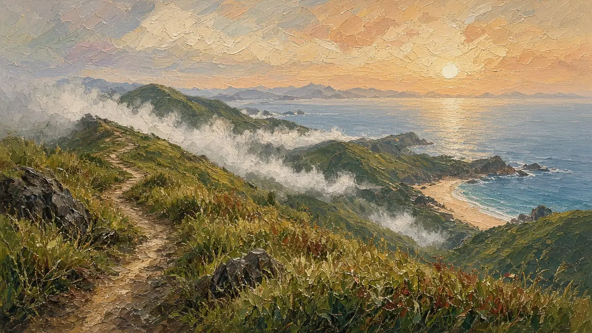 油畫風插圖：清晨雲霧中的香港山脊小徑，沿路望向海灣